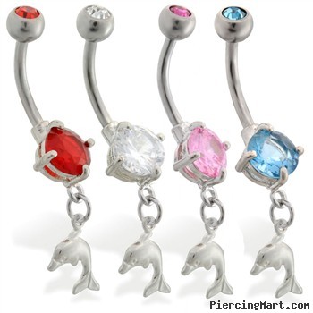 Double jewelry belly ring with small dangling dolphin