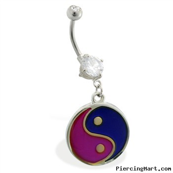 Double jeweled belly ring with dangling color changing ying-yang