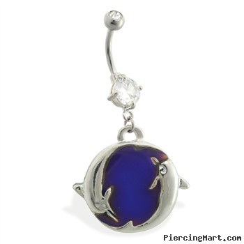 Double jeweled belly ring with dangling color changing dolphin charm