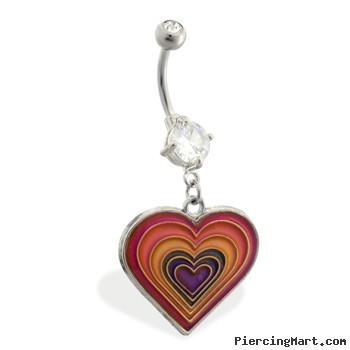 Double jeweled belly ring with dangling layered color changing heart