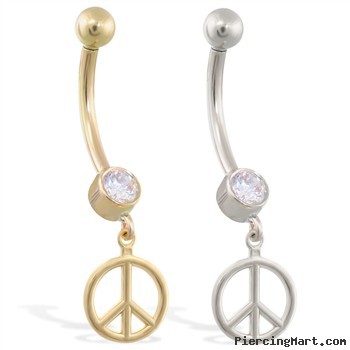 14K Yellow Gold belly ring with dangling peace sign