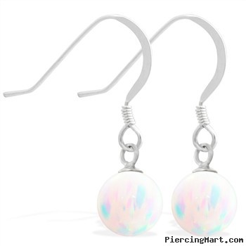 Sterling Silver Earrings with Dangling 8mm White Opal Ball