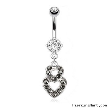 Double Jeweled Black Coated Heart Belly Ring, 14Ga