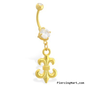 Gold Tone belly button ring with dangling fleur-de-lis