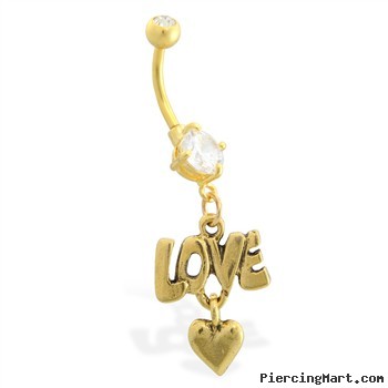 Gold Tone belly button ring with dangling Love and Heart