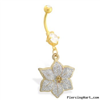 Gold Tone belly button ring with dangling Glittery Flower