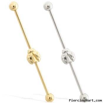 14K Gold Industrial Straight Barbell With Ladybug Charm