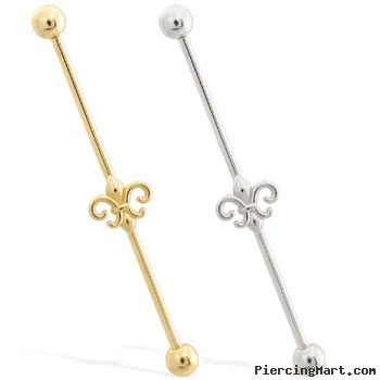 14K Gold Industrial Straight Barbell With Fleur-De-Lis Charm