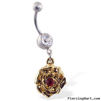 Navel ring with dangling yellow rose with red gem