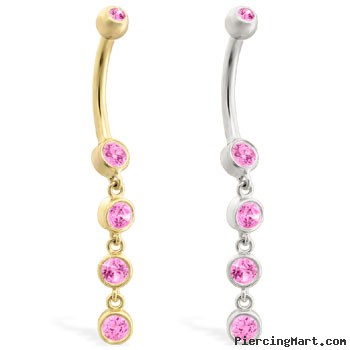 14K Gold belly ring with quadruple Pink Tourmaline dangle