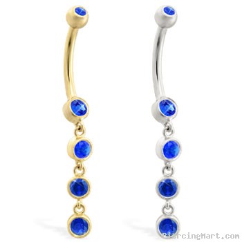 14K Gold belly ring with quadruple Sapphire dangle