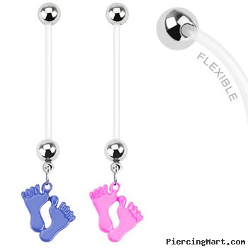 Long flexible bioplast pregnancy belly ring with dangling baby feet