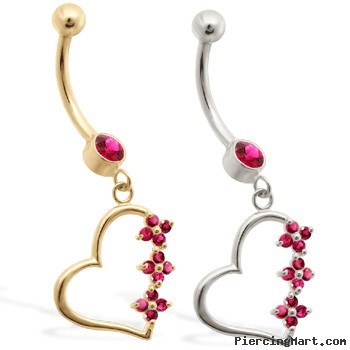 14K Gold belly ring with Ruby jeweled dangling heart