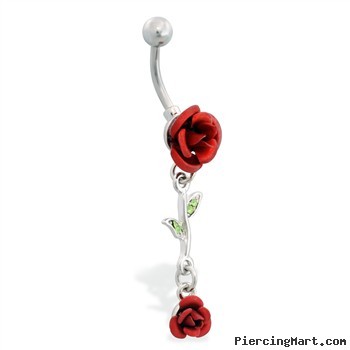 Rose belly button ring with dangling rose vine