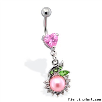 Heart gem navel ring with jeweled dangle and large PINK pearl