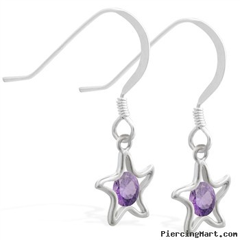 Silver Earrings with dangling Amethyst jeweled star