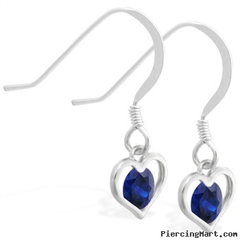 Sterling Silver Earrings with small dangling Sapphire jeweled heart