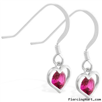 Sterling Silver Earrings with small dangling Ruby jeweled heart