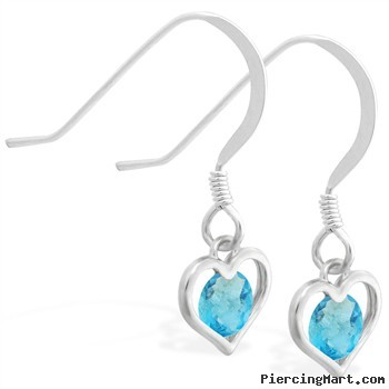 Sterling Silver Earrings with small dangling Aquamarinejeweled heart
