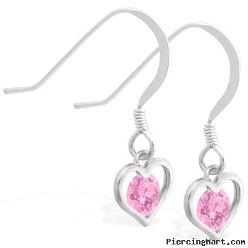 Sterling Silver Earrings with small dangling Pink Tourmaline jeweled heart