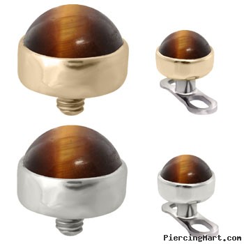 14K Gold internally threaded dermal top ball with 4mm Tiger Eye Brown Cabochon