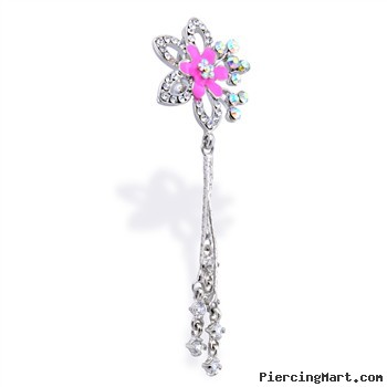 Reversible Flower Belly Ring with Dangling Chains