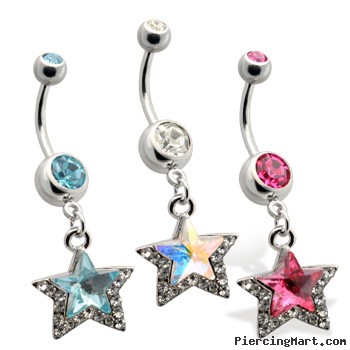 Jewled Belly Ring, with Dangling Star, AB