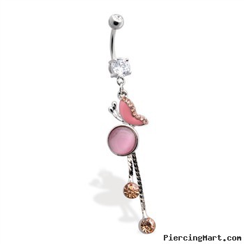 Jeweled navel ring with jeweled butterfly and dangling pink cz's