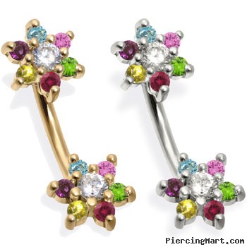 14K Gold Double Flower Belly Ring, Multicolored