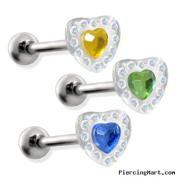 Straight barbell with acrylic paved heart, 14ga