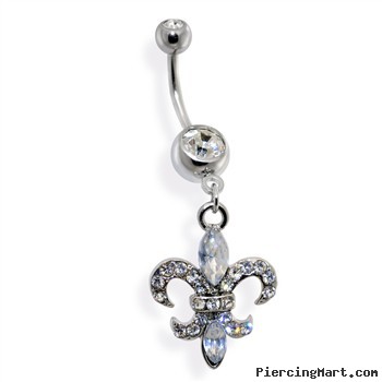 Belly ring with dangling jeweled fleur-de-lis