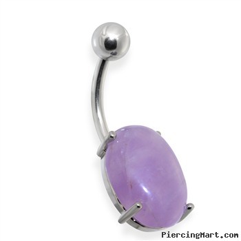 Surgical Steel Prong Set Oval Amethyst Semi Precious Stone Navel Ring