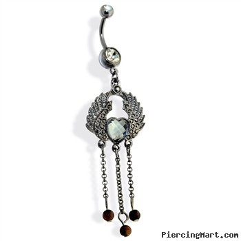 Hematite Wings with Heart Gem and Cascading Beads Dangle Navel Ring