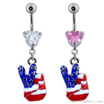 Steel Navel Ring with American Flag Peace Hand