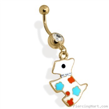 Gold Tone Surgical Steel Navel Ring with Multi Colored Epoxy Puppy with CZ Collar