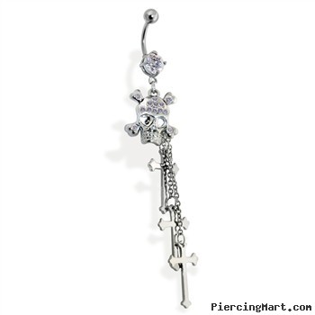 Belly button ring with dangling skull and crosses