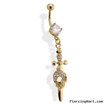 Belly Button Ring Gold Tone with Skull And Dagger, Clear Stone
