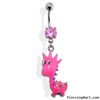 Belly button ring with dangling pink dinosaur