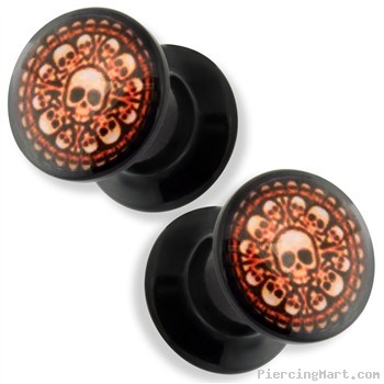 Pair Black Acrylic Double Flare Flat Screw Fit Plug with Chamber of Bones Print