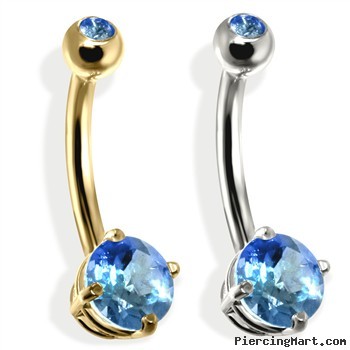 14K Gold Double Jeweled Belly Ring, Blue Zircon