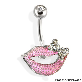 Steel Textured Lips Navel Ring with a Bow