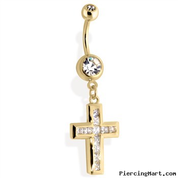 14Kt Gold Tone Navel Ring With Multi Paved CZ Cross