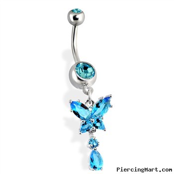 Belly Ring with Dangling Teardrop Gems and Butterfly