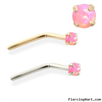 14K Gold L-shaped Nose Pin with 2mm Round Pink Opal