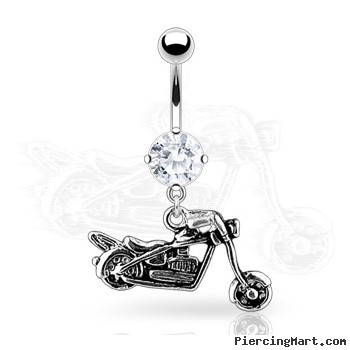 Navel Ring Round CZ with Motorcycle Dangle