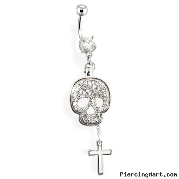 Navel Ring with Dangling Paved Skull And Cross