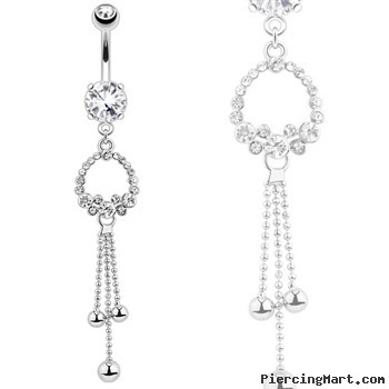 Ring Of Gems with Drop Down Chandelier Orbs Steel Navel Ring