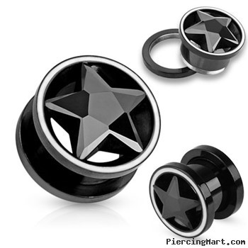 Black CZ Star Inside Of Black Screw Fit Tunnels with White Rim