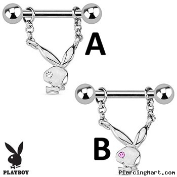 Pair Of Playboy Bunny with Single Gem Dangle Steel Nipple Bars