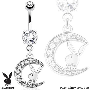 Playboy Bunny with Paved Gemmed Moon Dangle Steel Navel Ring